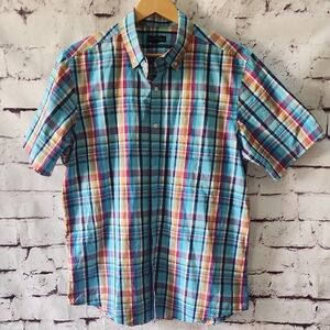 EUC! Club Room Men's Blue & Red Plaid Button Down Shirt Size XL Short Sleeve